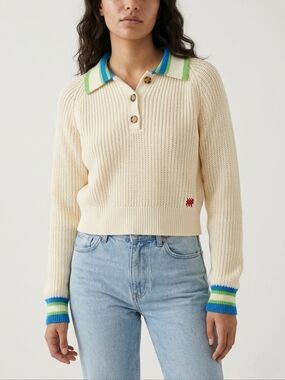 BDG Cropped Ribbed Henley Sweater Preppy Tenniscore Knit Size M